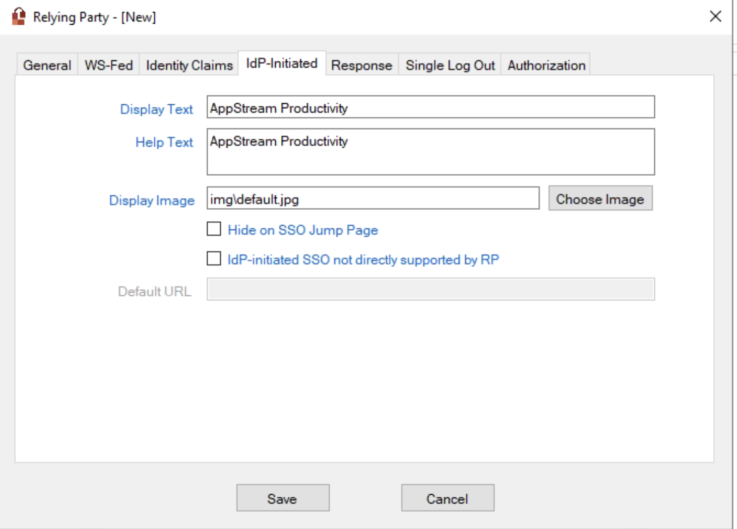 PortalGuard Relying Party configuration - IdP Initiated tab Display Text = AppStream Productivity Help Text = AppStream Productivity Display Image = img\default.jpg Hide on SSO Jump Page = unselected IdP-initiated SSO not directly supported by RP = unselected