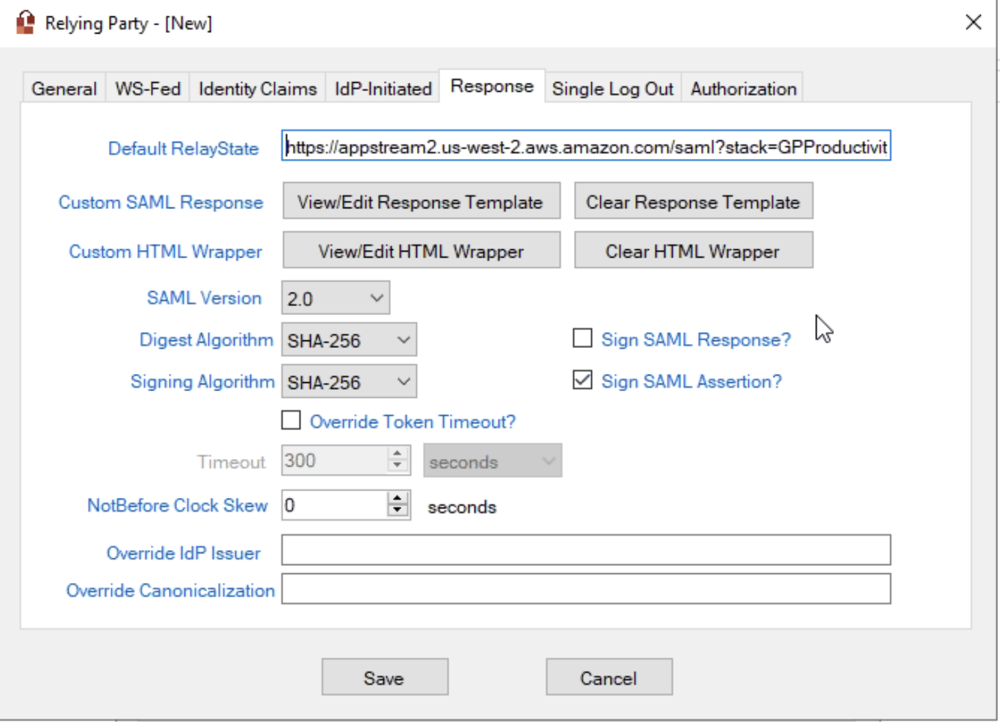 PortalGuard Relying Party configuration - Response tab SAML Version = 2.0 Digest Algorithm = SHA-256 Signign Algorithm = SHA-256 Sign SAML Response = unselected Sign SAML Assertion = selected Override Token Timeout = unselected NotBefore Clock Skew = 0 Override IdP Issuer = unpopulated text field Override Canonicalization = unpopulated text field