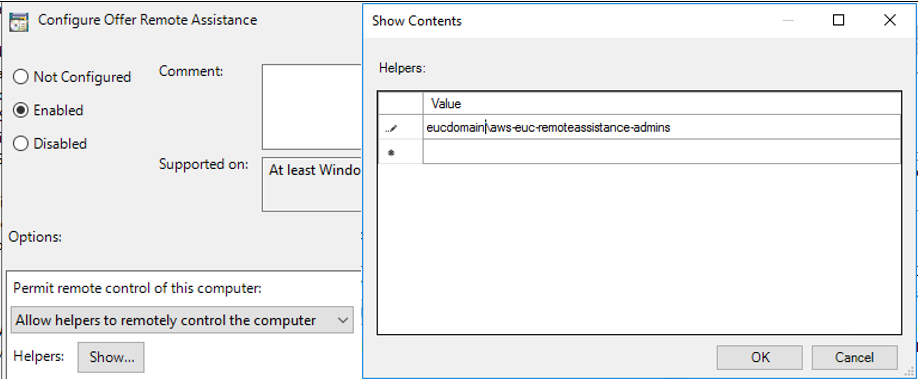 A screenshot of the Active Directory GPO where you can configure and offer remote assistance, and authorise specific Active Directory groups to have rights to remotely assist end users