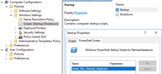 A screenshot of the location in a new AD GPO, where the example powershell script can be added to remotely install the Windows Remote Assistance feature