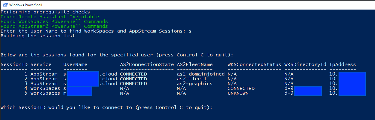 A screenshot of our provided PowerShell script showing all available EUC session IDs that remote support agents could select to start windows remote assistance 