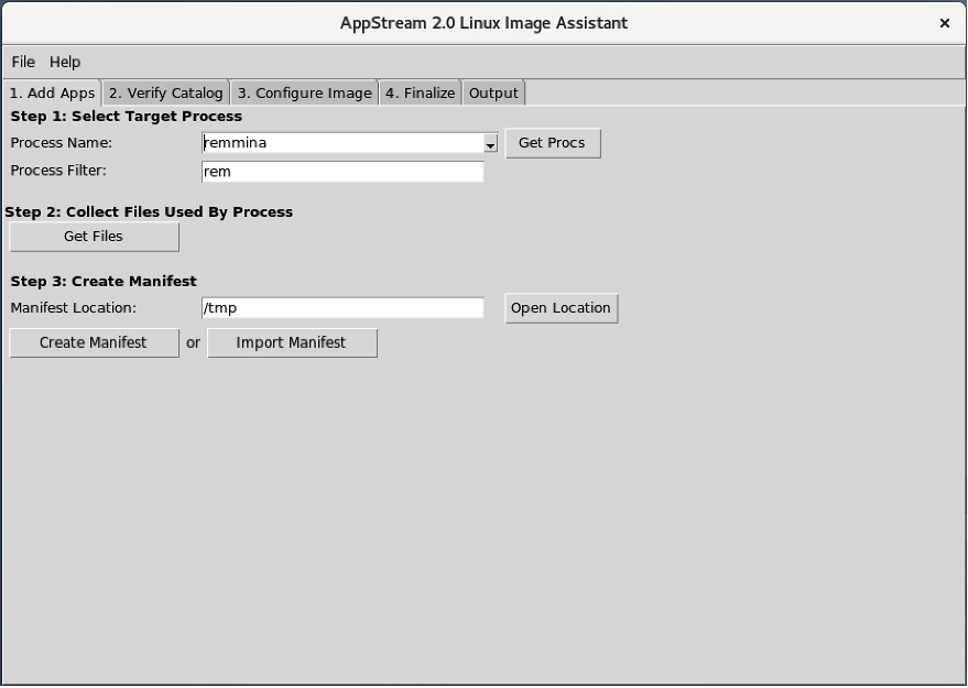 First tab of the assistant that allows the user to search for applications to add to the Image catalog.