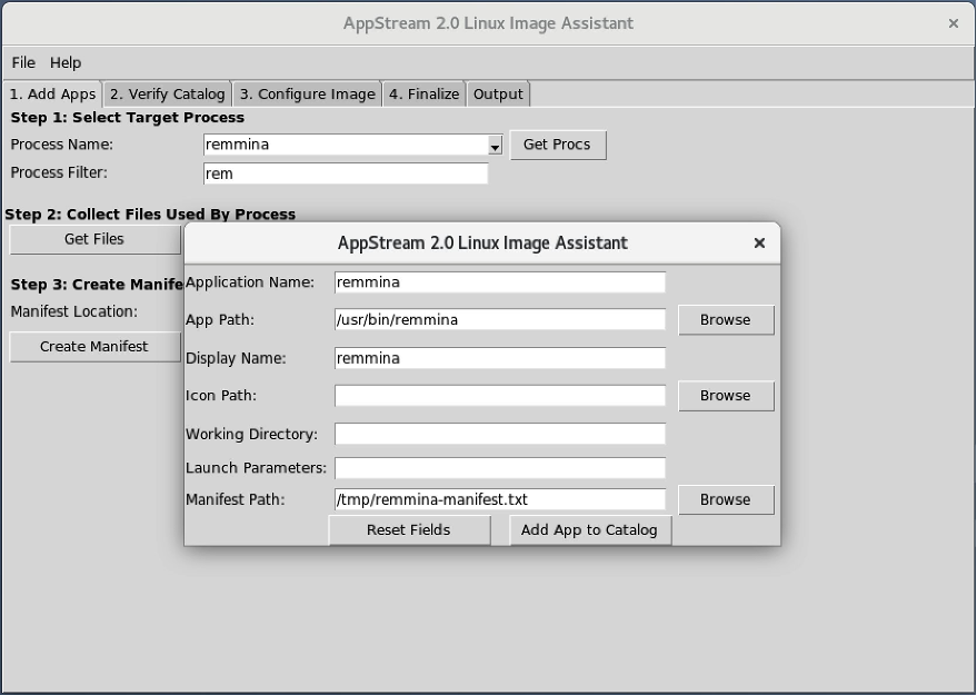Application configuration pop out that allows the user to modify the application settings that will be stored in the catalog.