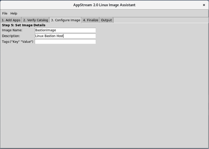 Tab 3 of the assistant that allows the user to name, describe, and tag their image.