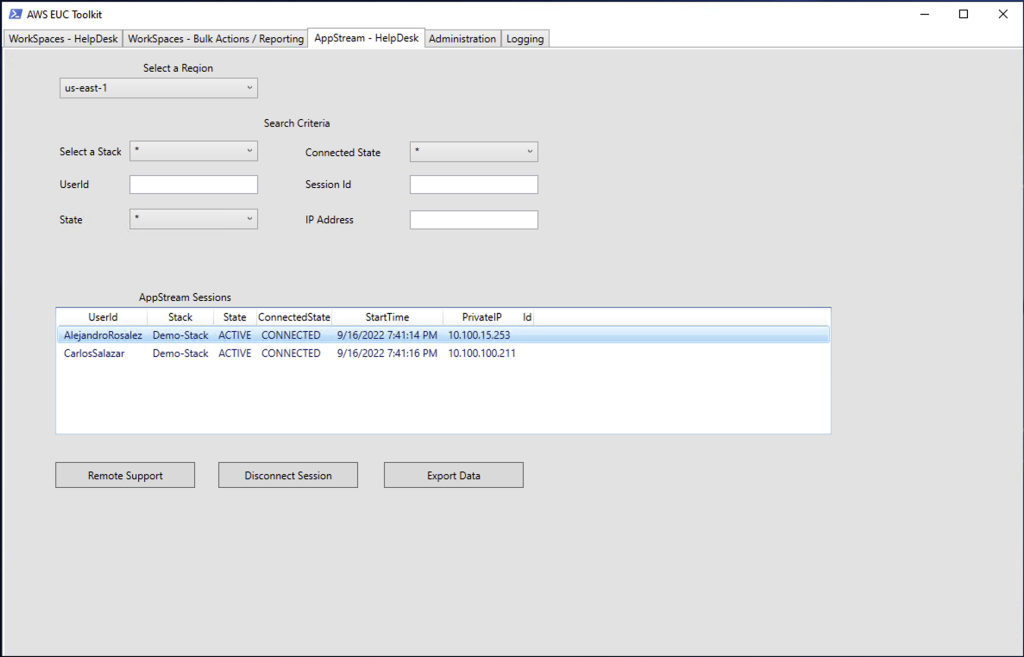 Screenshot of the euc-toolkit displaying the AppStream helpdesk tab, showing users signed into Stacks and buttons to perform actions