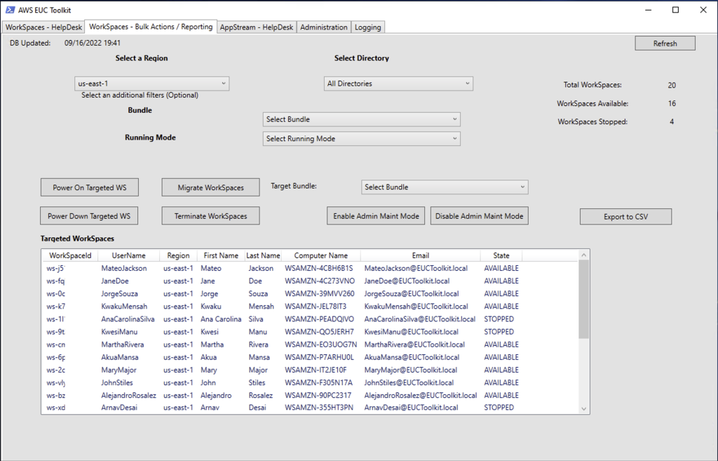 Screenshot of the euc-toolkit displaying bulk actions tab displaying WorkSpaces and buttons to perform actions on multiple WorkSpaces
