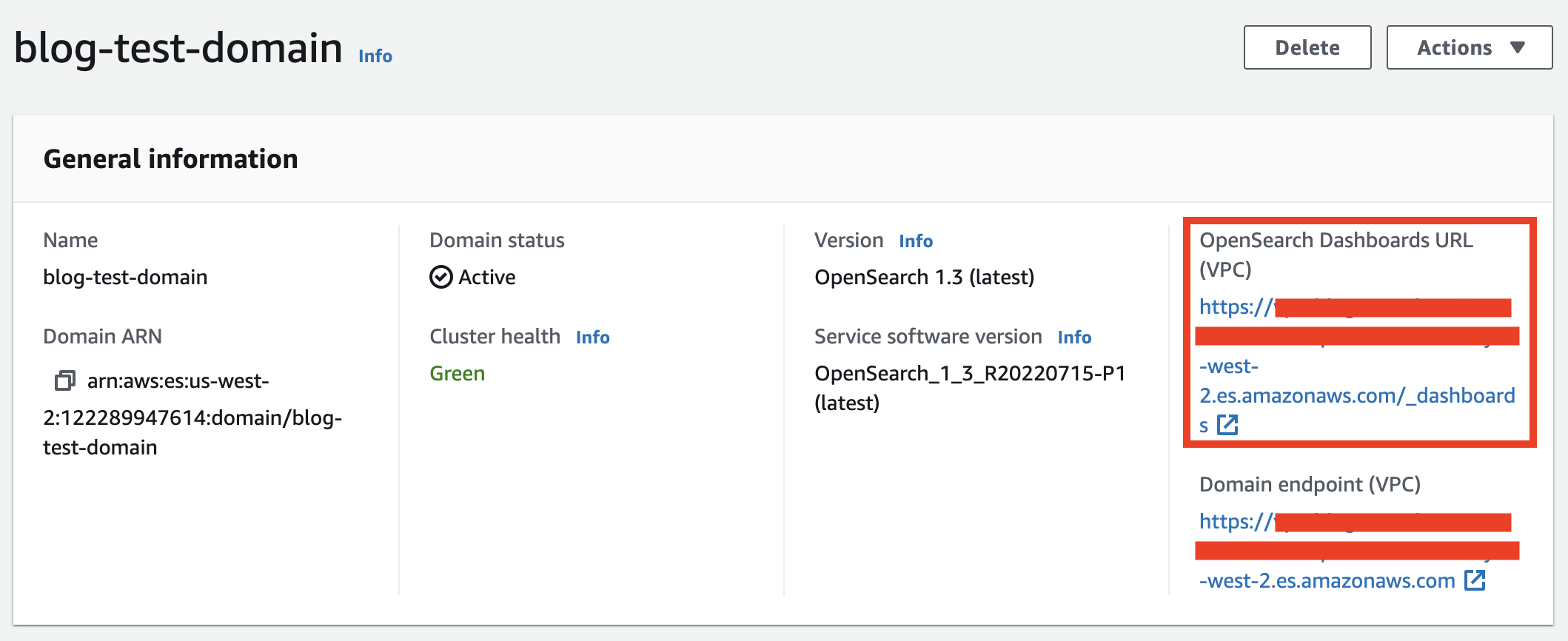 To access OpenSearch Dashboards, select the OpenSearch Dashboards URL field in the OpenSearch Service console
