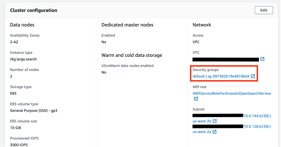 We can find the security group for our OpenSearch cluster on the Cluster Configuration page.