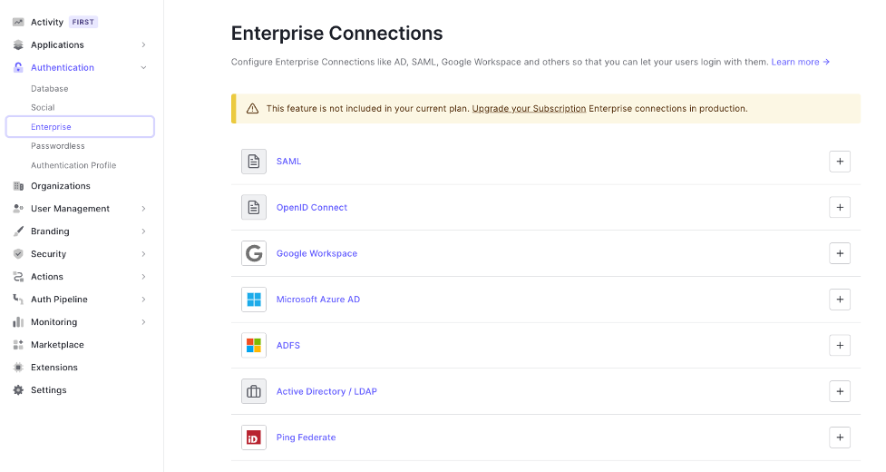 Available Enterprise Connections in Auth0
