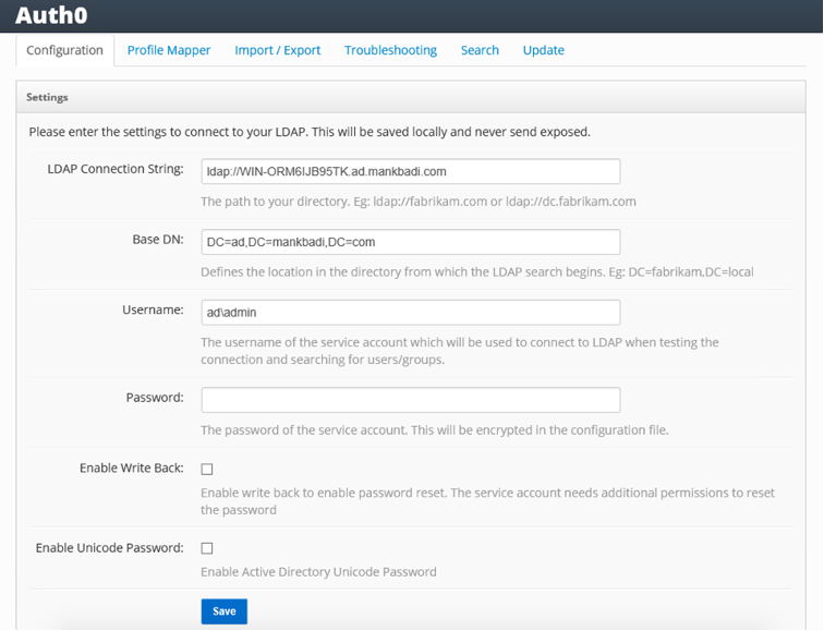 Settings configuration to connect to your Active Directory