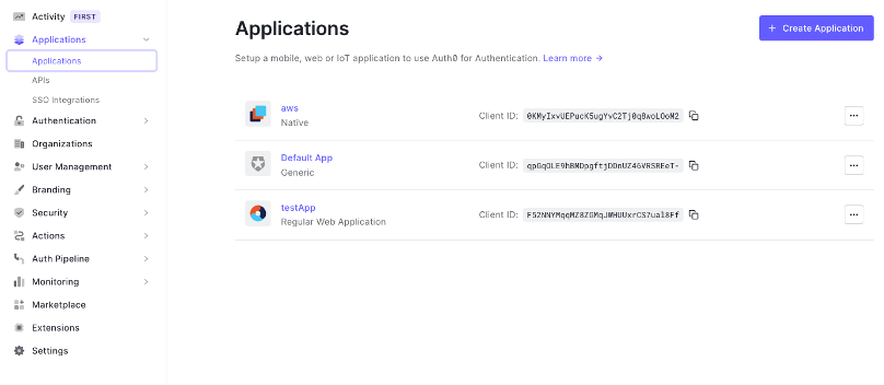 Auth0 Applications list