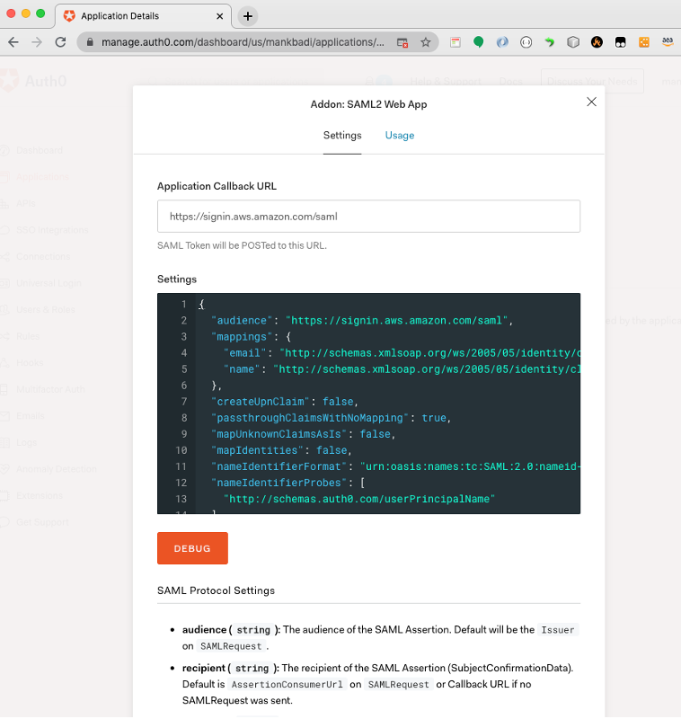 SAML2 Web Application Settings