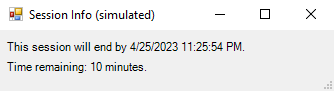 Screenshot of Session Info window showing a simulated session with 10 minutes remaining.
