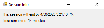 Screenshot of Session Info window showing 14 minutes remaining.