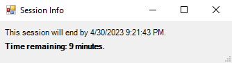 Screenshot of Session Info window showing nine minutes remaining.
