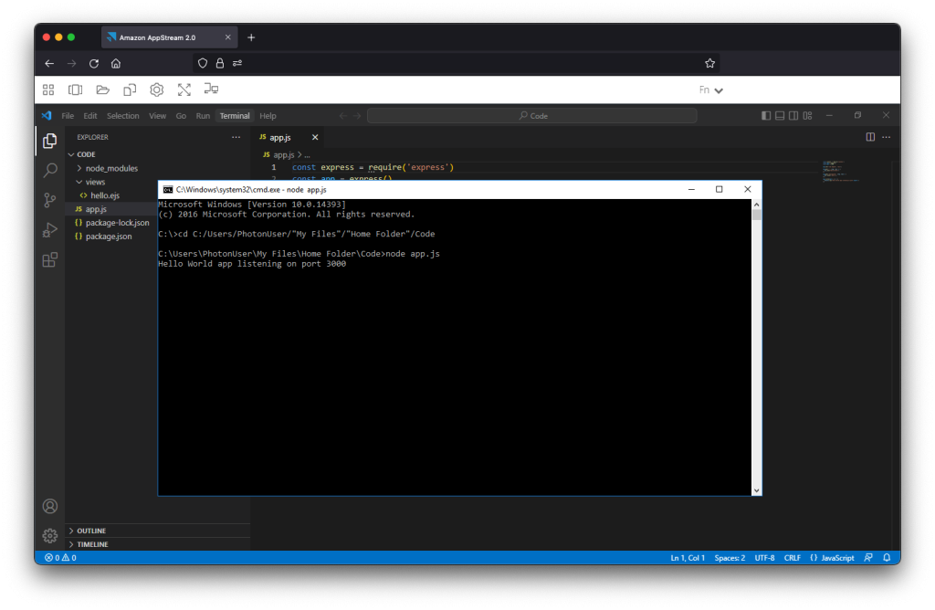 Figure 3 - Running a command prompt in AppStream 2.0