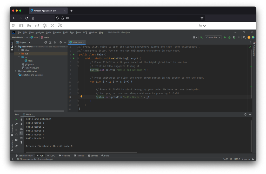 Figure 5 - Running Java Programs in AppStream 2.0 using IntelliJ Idea