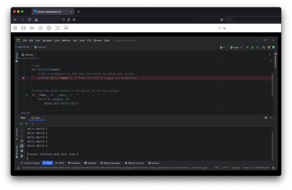 Figure 6 - Running Python programs in AppStream 2.0 using PyCharm