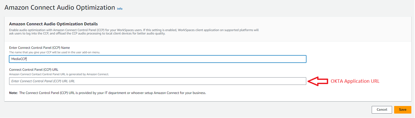 Amazon Connect Audio Optimization section to provide CCP URL details.