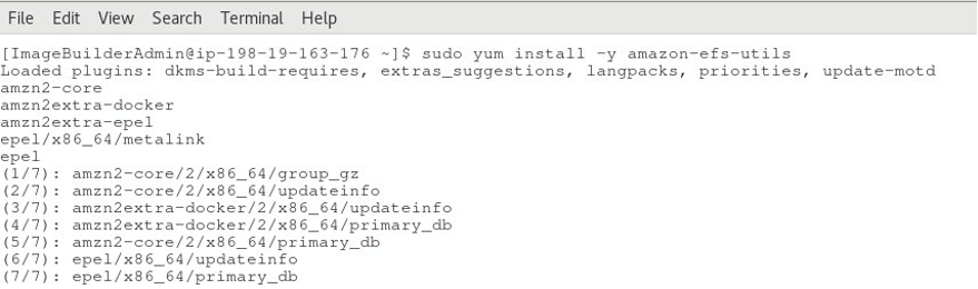 Screenshot showing yum install of efs utils