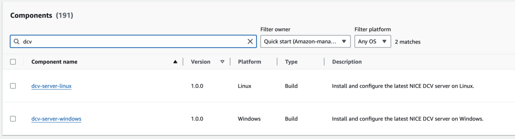 AWS Console displaying the Windows and Linux Amazon-managed DCV components.