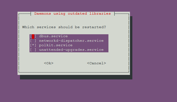 This image depicts the "Daemons using outdated libraries" popup during the `apt install` process, and it is asking which of the services should be restarted. 