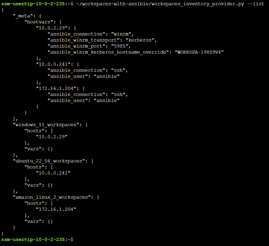 This picture depicts output from using the `workspaces_inventory_provider.py` Python script directly, instead of through the `ansible-inventory` command.