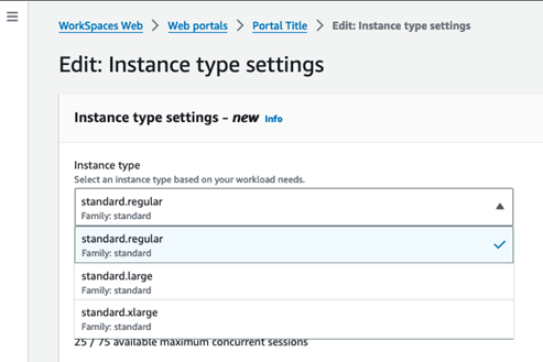 WorkSpaces Web console showing options for selecting instance type