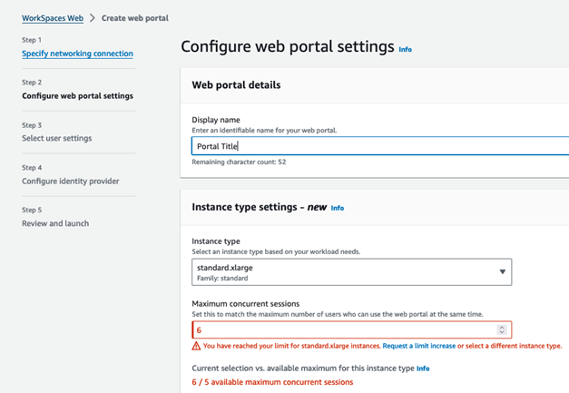 WorkSpaces Web console showing insufficient capacity error