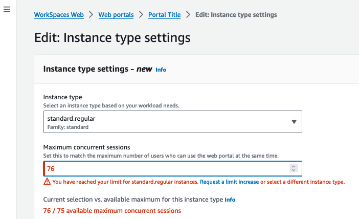 WorkSpaces Web console showing insufficient capacity error