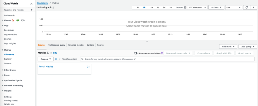 Amazon CloudWatch console display portal metrics option