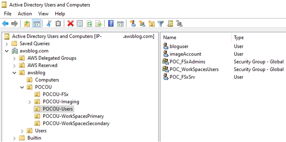 This image shows the layout of the Active Directory architecture. It includes the following organizational units: POCOU-WorkSpacesPrimary containing WorkSpaces from the primary region. POCOU-WorkSpacesSecondary containing WorkSpaces from the secondary region. POCOU-Imaging containing the imaging WorkSpaces The optional OUs listed are: POCOU-FSx containing FSx for Windows File Server computer objects POCOU-Users containing WorkSpace users. The users shown are: bloguser used to demonstrate the solution imageAccount used for the imaging WorkSpace POC_FSxAdmins group for FSx for Windows File Server Administrators POC_WorkSpacesUsers group for the WorkSpaces users POC_FSxSrv for the FSx service account