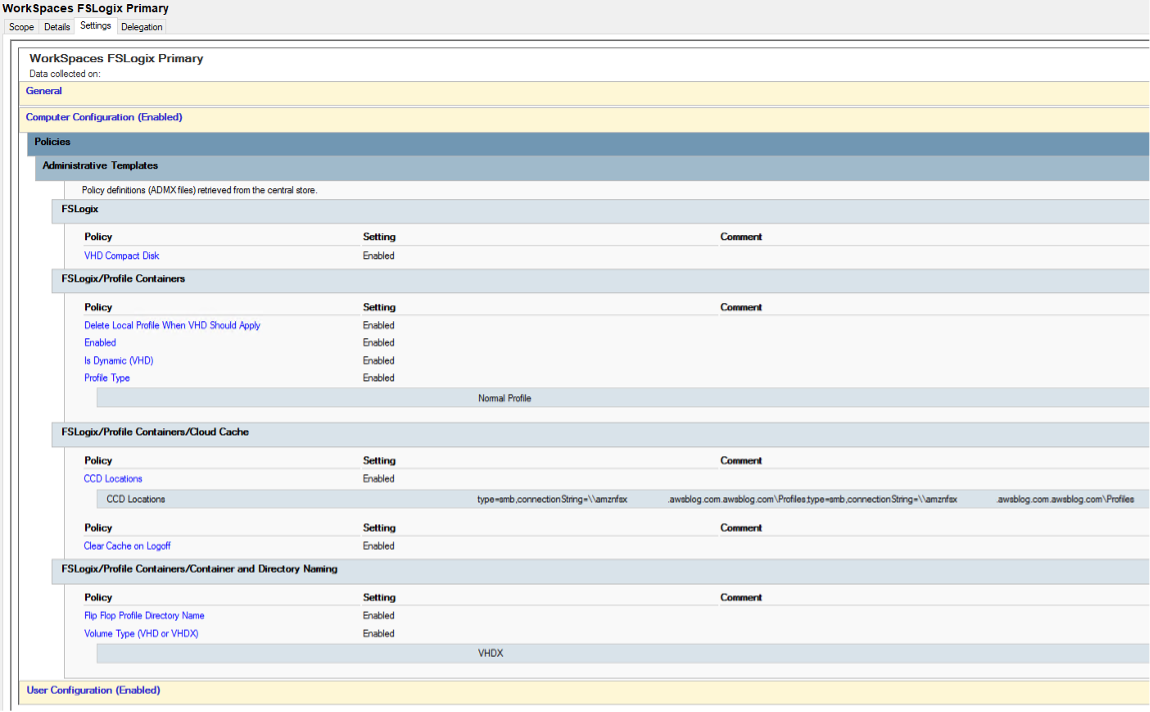 This image shows all group policies required for FSLogix