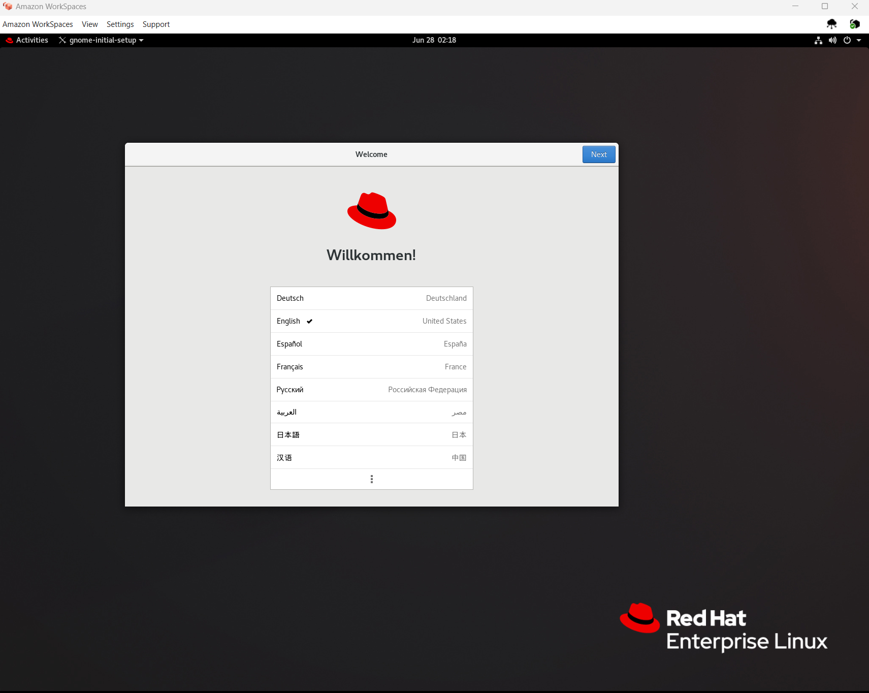 Red Hat Enterprise Linux welcome screen in the WorkSpaces client.