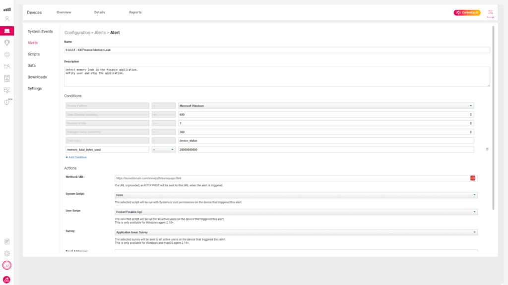 Screenshot of ControlUp alert and action configurations