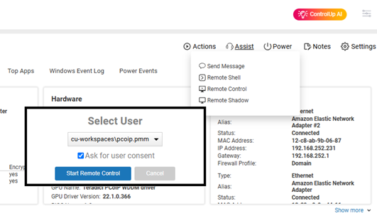 Screenshot of ControlUp remote control
