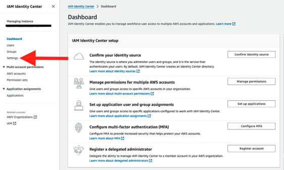 Screenshot of the IAM Identity Center console navigation, with the "Settings" option selected in the left-hand menu.