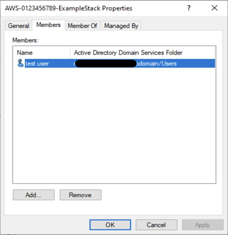 Screenshot of Active Directory Users and Computers, showing a test user account added to an "AWS-0123456789-ExampleStack" security group.