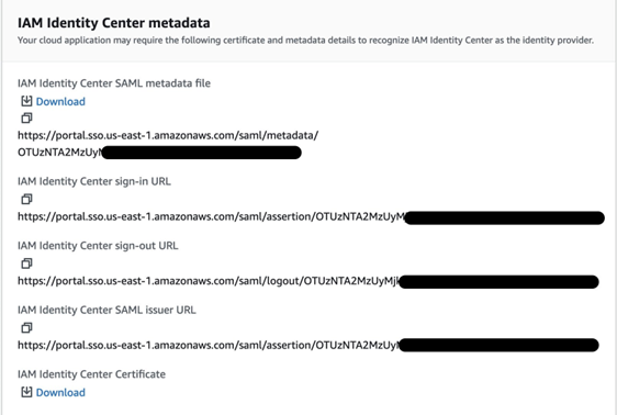Screenshot of IAM Identity Center metadata.