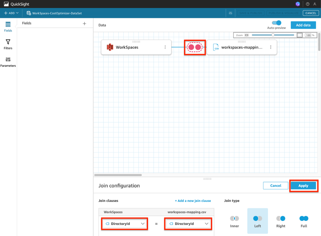 QuickSight interface showing WorkSpaces dataset join configuration with DirectoryId fields highlighted. Apply button visible.