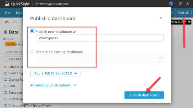 QuickSight dashboard publish dialog showing options to publish new or replace existing dashboard. Publish button highlighted.