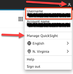 QuickSight user menu with redacted username and account name. Shows options for language, location, and sign out.