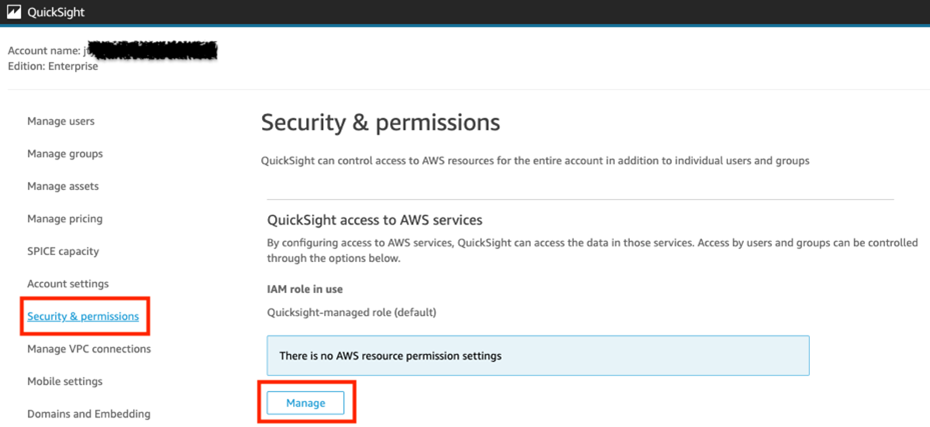 QuickSight security settings page with options to manage AWS resource permissions and access controls.