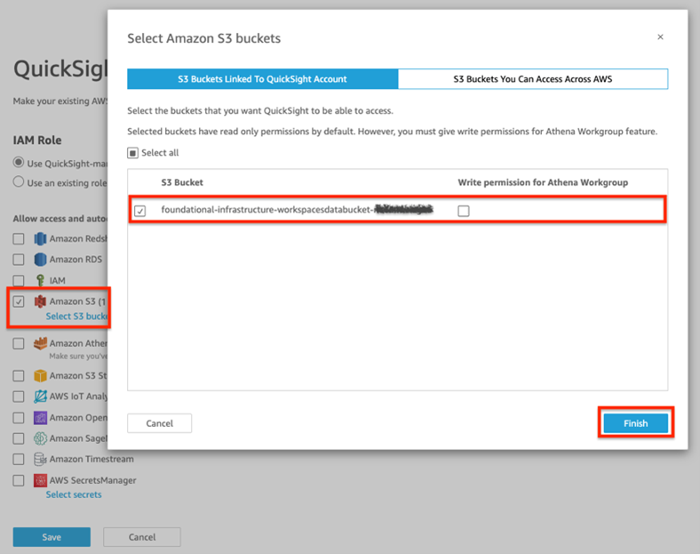 QuickSight interface showing Amazon S3 bucket selection dialog. S3 bucket name partially redacted. Options to set permissions.
