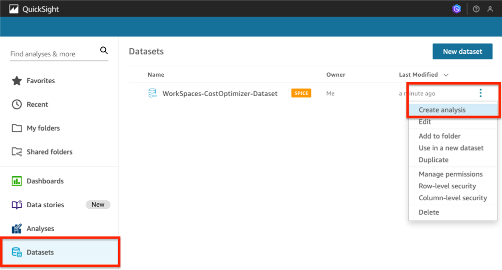 QuickSight dashboard with "Datasets" section highlighted. Options menu showing "Create analysis" for a dataset.