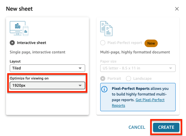 New sheet creation dialog in QuickSight. Options for interactive sheet or Pixel-Perfect report, device optimization settings.