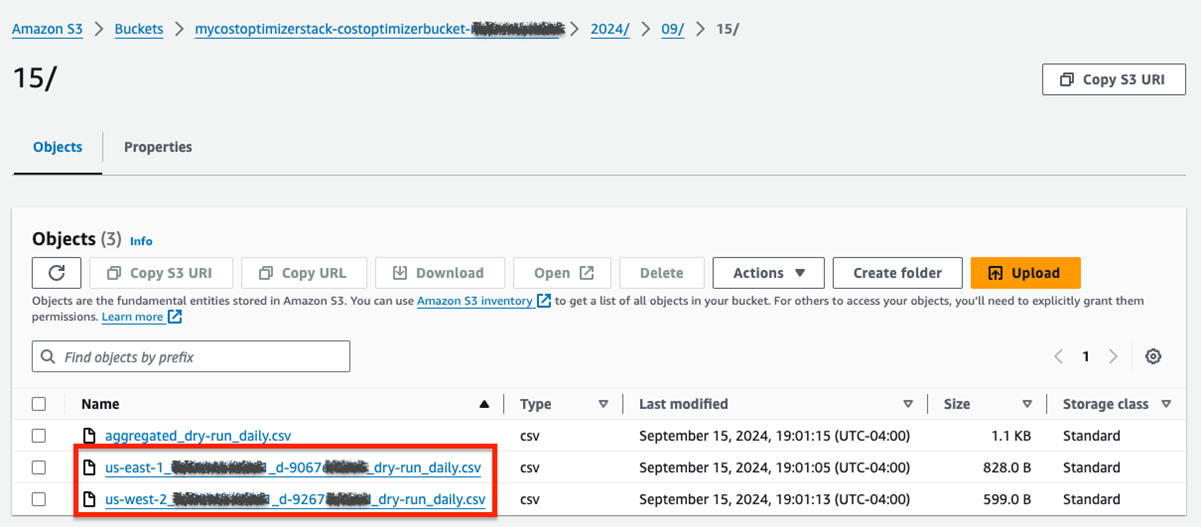 Amazon S3 bucket interface. Objects list with CSV files, some names partially redacted. File management options visible.