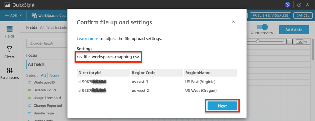 QuickSight file upload settings confirmation. File name partially redacted. "Next" button highlighted.