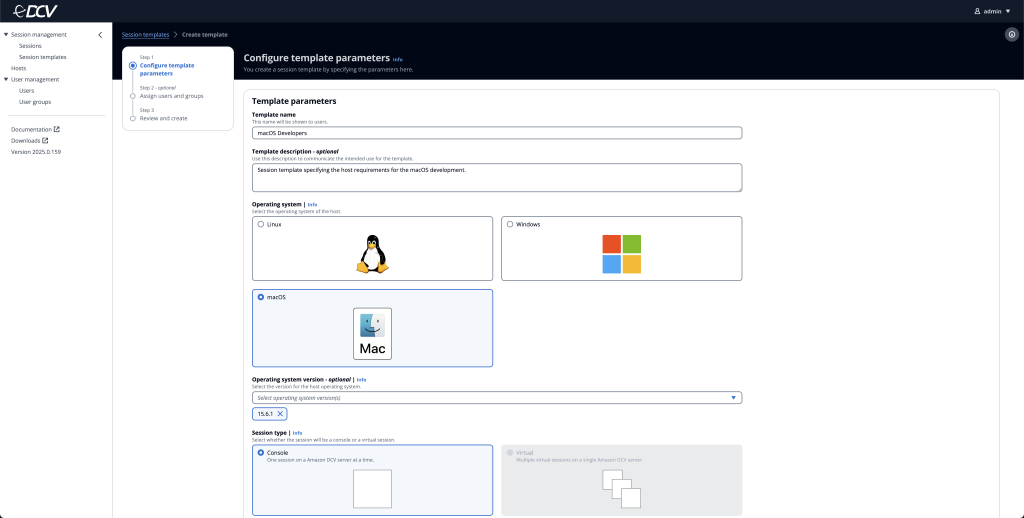 DCV Access Console’s session template creation page