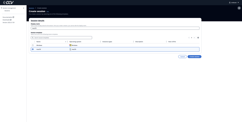 DCV Access Console’s session creation page
